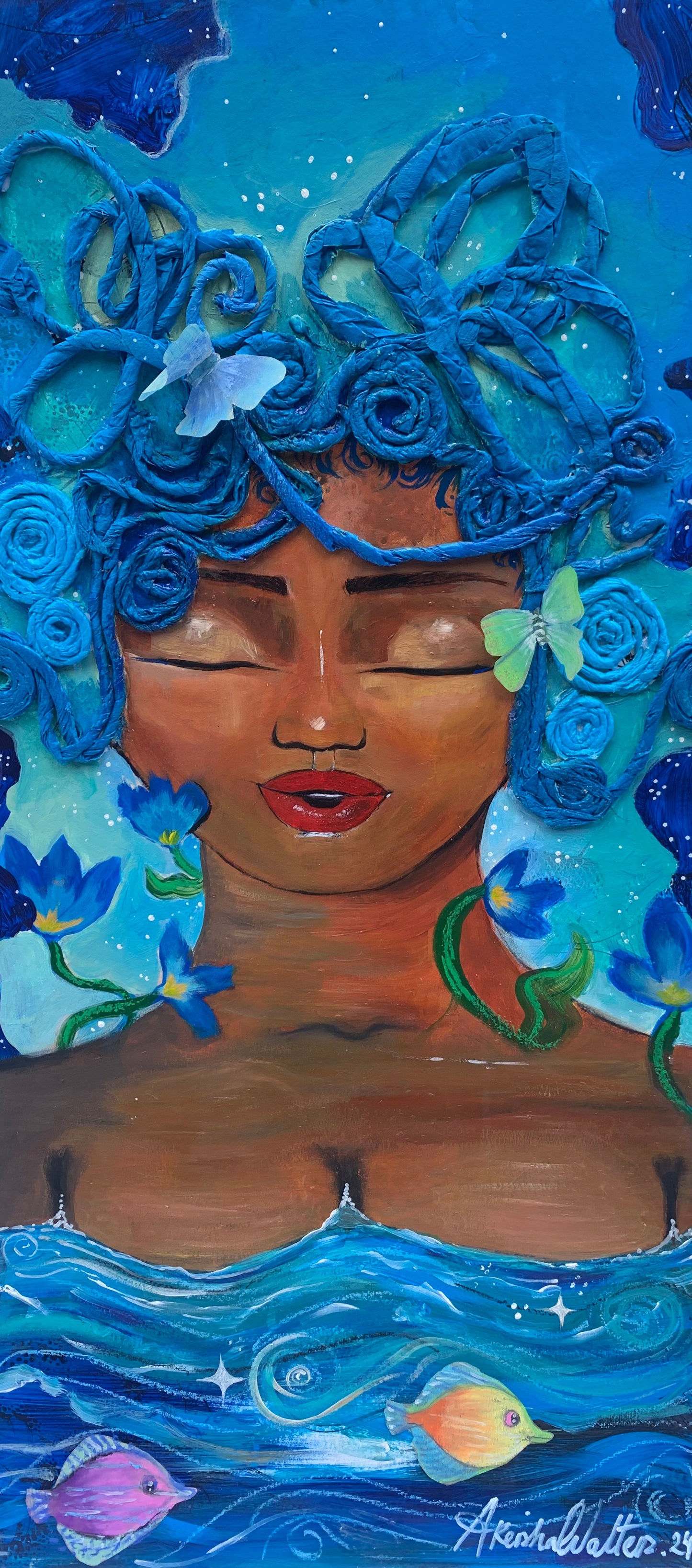 Fine Art Print “Imbue” mermaid, butterflies, 3-dimensional, ocean, blue, baptise, wash, cleanse, tissuepaper, flowers